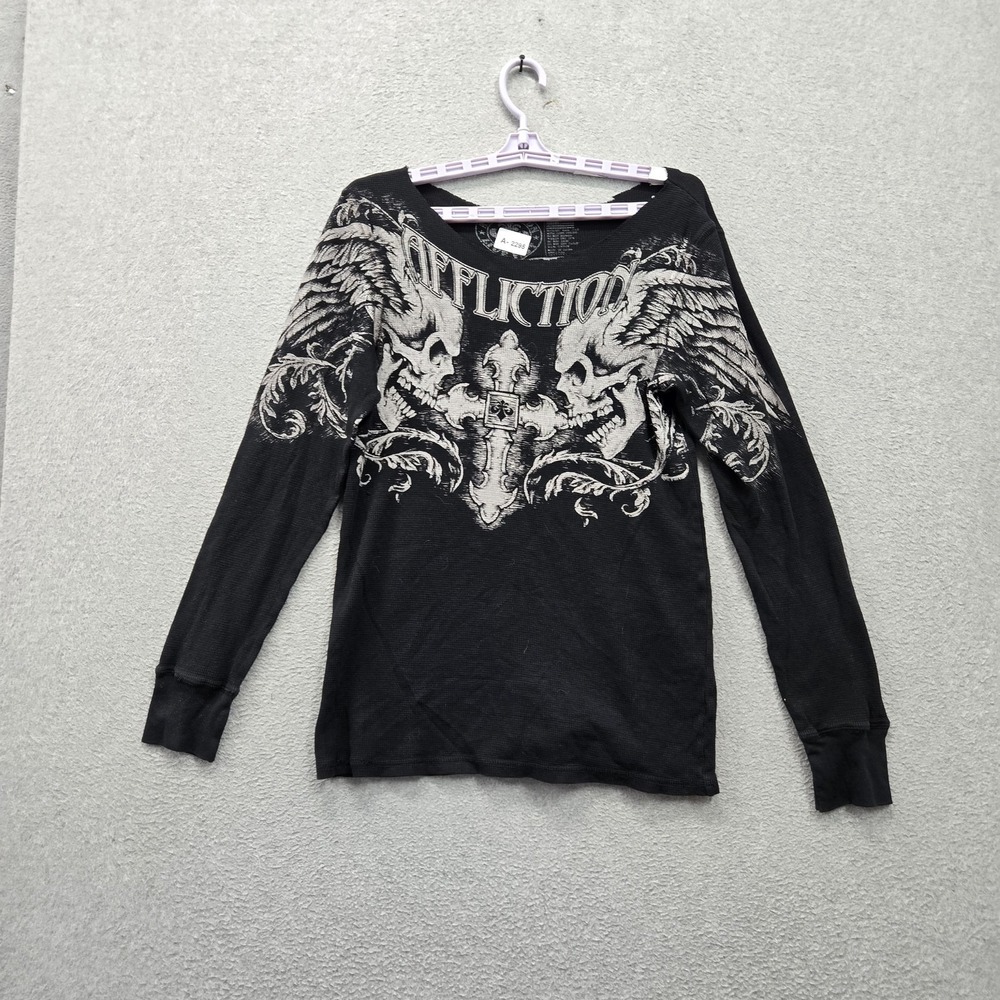 Affliction Women Shirt SMALL Black Graphic Thermal Shirt Cut Out Scoop Neck
